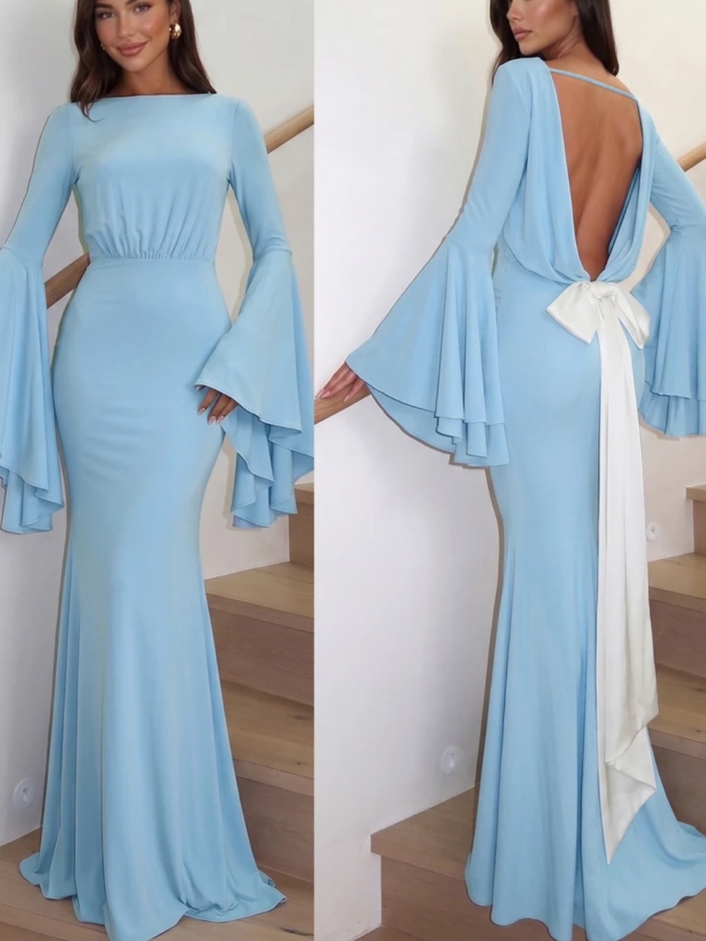 Autumn/Winter New Fashion French Elegant Light Blue Backless Bowknot Long